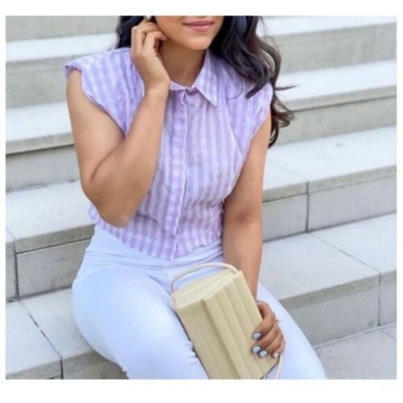 Zara Gingham Crop Top Button Down Blouse Shoulder Pads‎ Bright Pastel - Picture 11 of 11